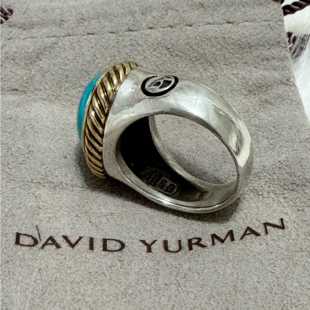 David Yurman 925 18K Gold Turquoise Oval Noblesse East West Ring Sz 8 - Picture 7 of 9